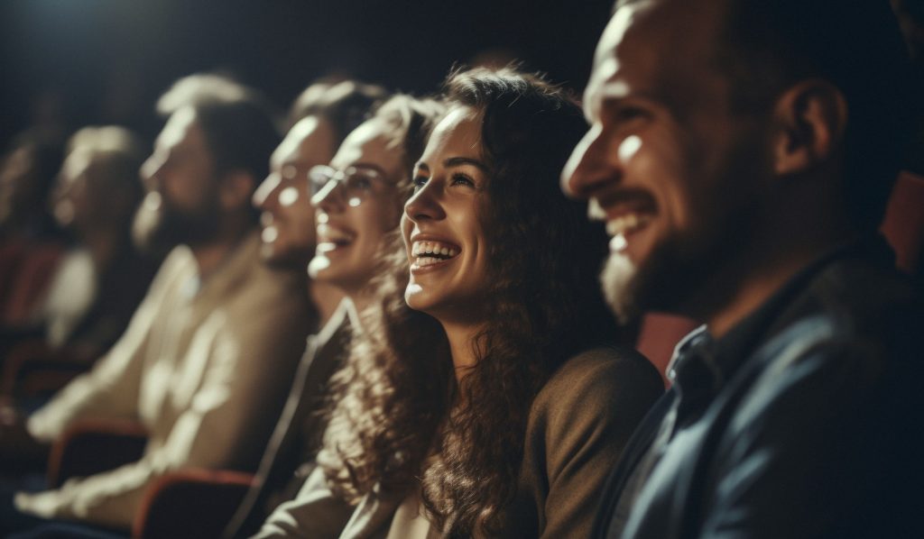Personas mirando y riendo a una pantalla o un teatro